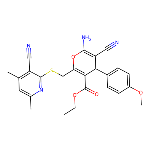 ethyl 6-amino-5-cyano-2-{[(3-cyano-4,6-dimethylpyridin-2-yl)sulfanyl]methyl}-4-(4-methoxyphenyl)-4H-pyran-3-carboxylate structure