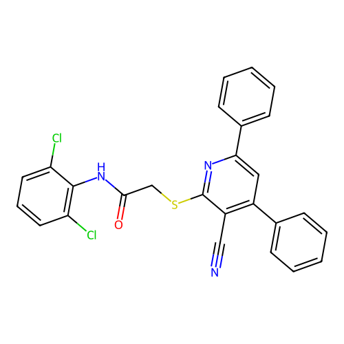 2-[(3-cyano-4,6-diphenylpyridin-2-yl)sulfanyl]-N-(2,6-dichlorophenyl)acetamide structure