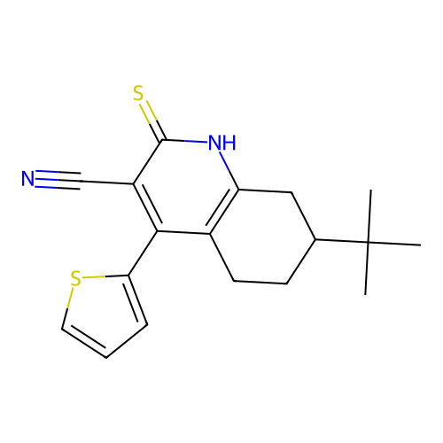 7-(tert-butyl)-4-(thiophen-2-yl)-2-thioxo-1,2,5,6,7,8-hexahydroquinoline-3-carbonitrile structure