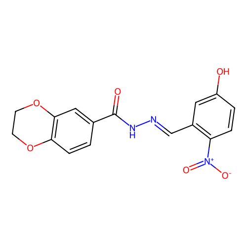 N'-[(E)-(5-hydroxy-2-nitrophenyl)methylidene]-2,3-dihydro-1,4-benzodioxine-6-carbohydrazide structure