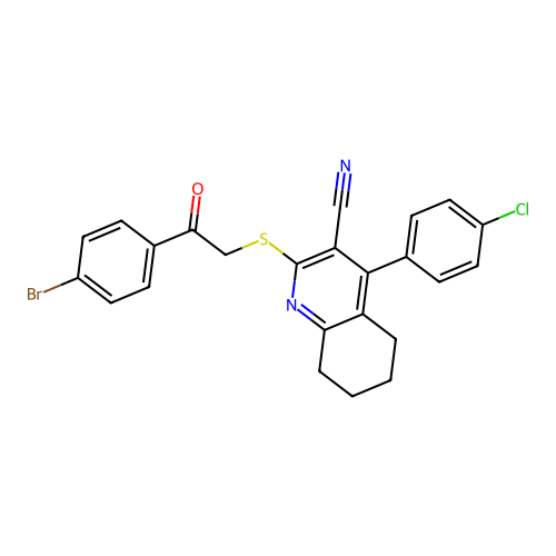 2-((2-(4-bromophenyl)-2-oxoethyl)thio)-4-(4-chlorophenyl)-5,6,7,8-tetrahydroquinoline-3-carbonitrile structure