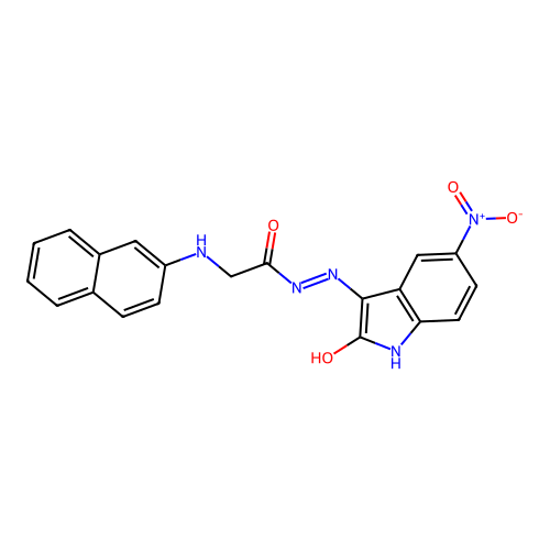 2-(naphthalen-2-ylamino)-N'-[(3Z)-5-nitro-2-oxo-1,2-dihydro-3H-indol-3-ylidene]acetohydrazide (non-preferred name) structure