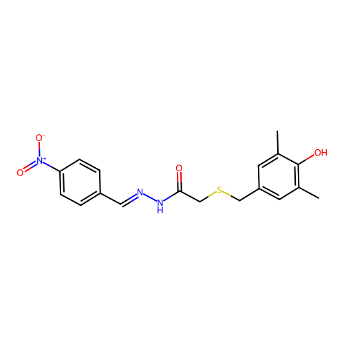2-[(4-hydroxy-3,5-dimethylbenzyl)sulfanyl]-N'-{4-nitrobenzylidene}acetohydrazide structure