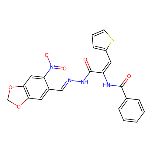 N-((E)-3-((E)-2-((6-nitrobenzo[d][1,3]dioxol-5-yl)methylene)hydrazinyl)-3-oxo-1-(thiophen-2-yl)prop-1-en-2-yl)benzamide structure