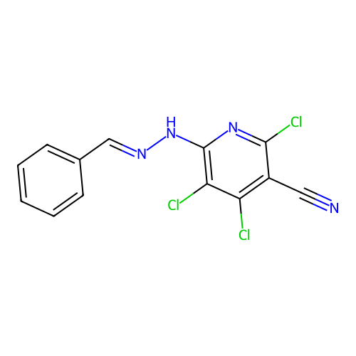 6-[(2E)-2-benzylidenehydrazinyl]-2,4,5-trichloropyridine-3-carbonitrile structure