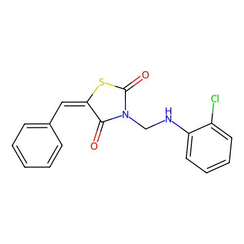 (5E)-5-benzylidene-3-{[(2-chlorophenyl)amino]methyl}-1,3-thiazolidine-2,4-dione structure