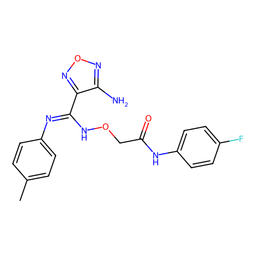 (Z)-2-((((4-amino-1,2,5-oxadiazol-3-yl)(p-tolylamino)methylene)amino)oxy)-N-(4-fluorophenyl)acetamide structure
