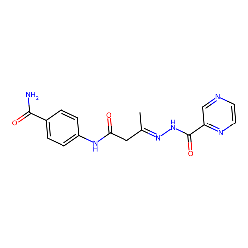 4-({(3E)-3-[2-(pyrazin-2-ylcarbonyl)hydrazinylidene]butanoyl}amino)benzamide structure