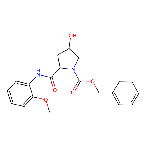 phenylmethyl 3-hydroxy-5-[N-(2-methoxyphenyl)carbamoyl]pyrrolidinecarboxylate structure