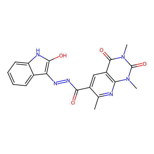 (E)-1,3,7-trimethyl-2,4-dioxo-N'-(2-oxoindolin-3-ylidene)-1,2,3,4-tetrahydropyrido[2,3-d]pyrimidine-6-carbohydrazide structure