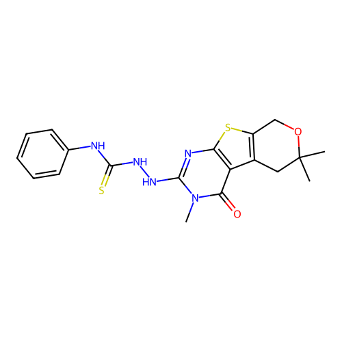 N-phenyl-2-(3,6,6-trimethyl-4-oxo-3,5,6,8-tetrahydro-4H-pyrano[4',3':4,5]thieno[2,3-d]pyrimidin-2-yl)hydrazinecarbothioamide structure