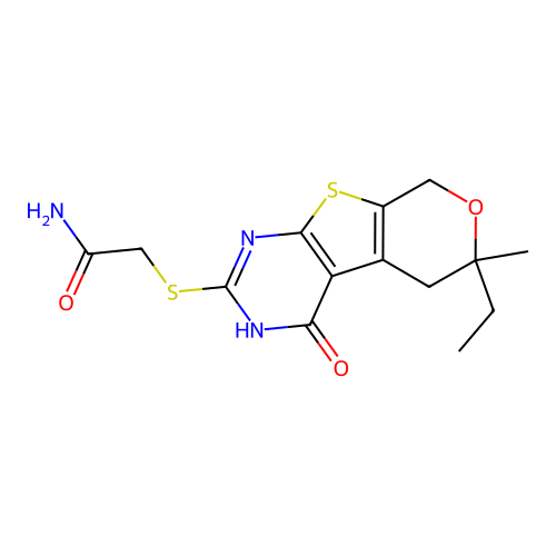 2-((6-ethyl-6-methyl-4-oxo-4,5,6,8-tetrahydro-3H-pyrano[4',3':4,5]thieno[2,3-d]pyrimidin-2-yl)thio)acetamide structure