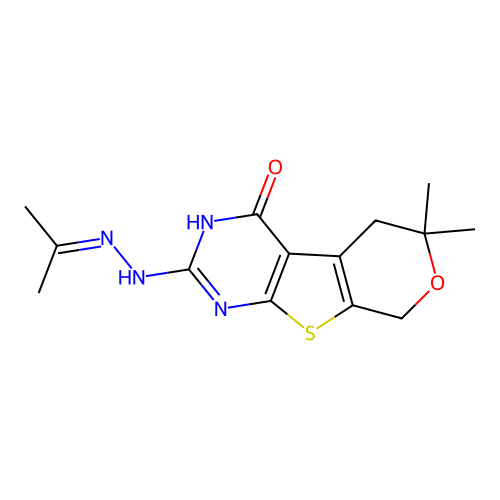 6,6-dimethyl-2-(2-(propan-2-ylidene)hydrazinyl)-5,6-dihydro-3H-pyrano[4',3':4,5]thieno[2,3-d]pyrimidin-4(8H)-one structure