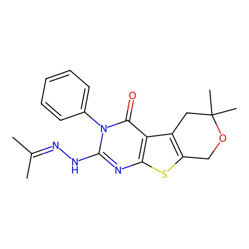 6,6-dimethyl-3-phenyl-2-[2-(propan-2-ylidene)hydrazinyl]-3,5,6,8-tetrahydro-4H-pyrano[4',3':4,5]thieno[2,3-d]pyrimidin-4-one structure