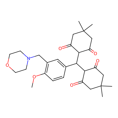 2,2'-((4-methoxy-3-(morpholinomethyl)phenyl)methylene)bis(5,5-dimethylcyclohexane-1,3-dione) structure