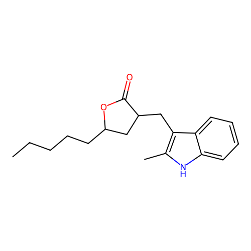 3-((2-methyl-1H-indol-3-yl)methyl)-5-pentyldihydrofuran-2(3H)-one structure