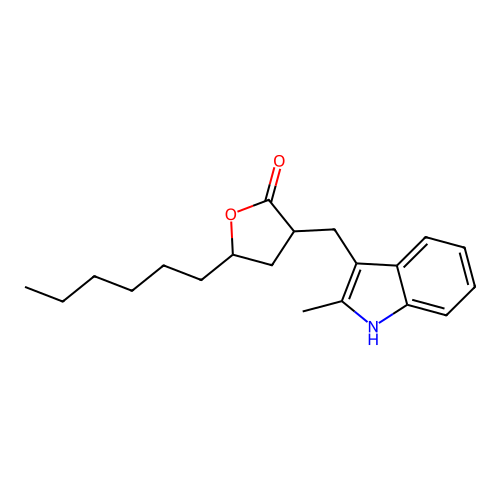 5-hexyl-3-((2-methyl-1H-indol-3-yl)methyl)dihydrofuran-2(3H)-one structure