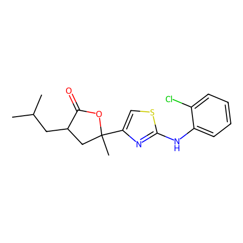 5-{2-[(2-chlorophenyl)amino]-1,3-thiazol-4-yl}-5-methyl-3-(2-methylpropyl)dihydrofuran-2(3H)-one structure