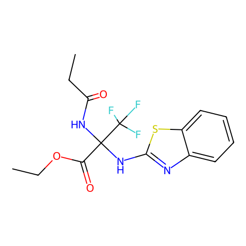 Ethyl 2-(2-benzothiazolylamino)-3,3,3-trifluoro-2-propionamidopropionate structure