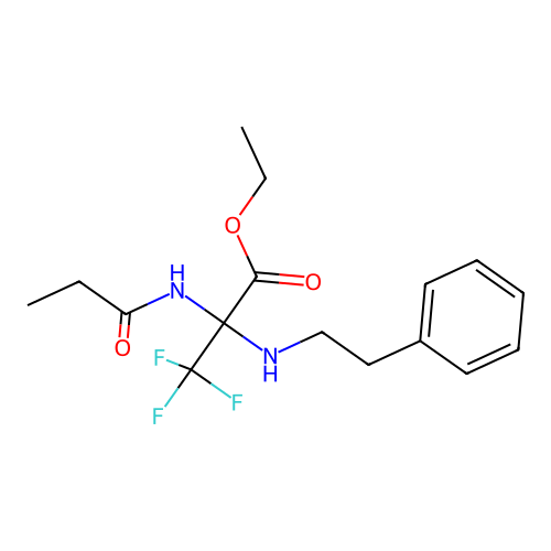 3,3,3-Trifluoro-2-phenethylamino-2-propionylamino-propionic acid ethyl ester structure
