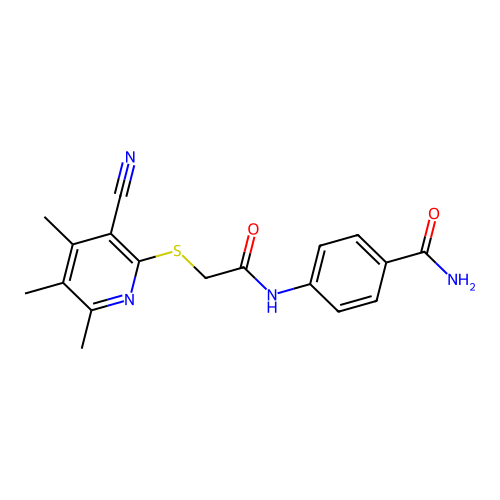 4-({[(3-Cyano-4,5,6-trimethyl-2-pyridinyl)sulfanyl]acetyl}amino)benzamide structure