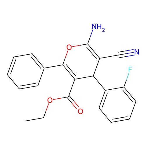 ethyl 6-amino-5-cyano-4-(2-fluorophenyl)-2-phenyl-4H-pyran-3-carboxylate structure