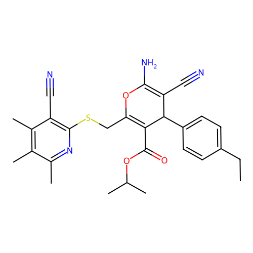 propan-2-yl 6-amino-5-cyano-2-{[(3-cyano-4,5,6-trimethylpyridin-2-yl)sulfanyl]methyl}-4-(4-ethylphenyl)-4H-pyran-3-carboxylate structure