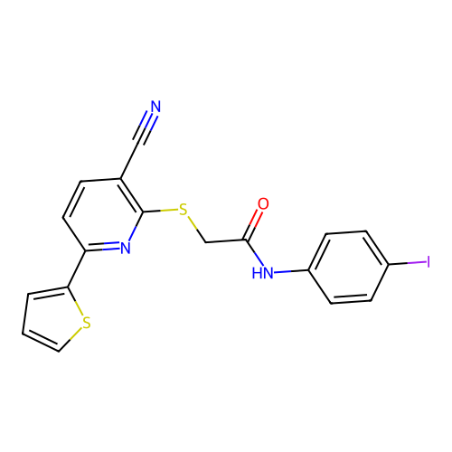 2-{[3-cyano-6-(thiophen-2-yl)pyridin-2-yl]sulfanyl}-N-(4-iodophenyl)acetamide structure