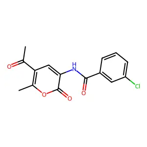 N-(5-acetyl-6-methyl-2-oxo-2H-pyran-3-yl)-3-chlorobenzenecarboxamide structure