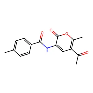 N-(5-acetyl-6-methyl-2-oxo-2H-pyran-3-yl)-4-methylbenzenecarboxamide structure