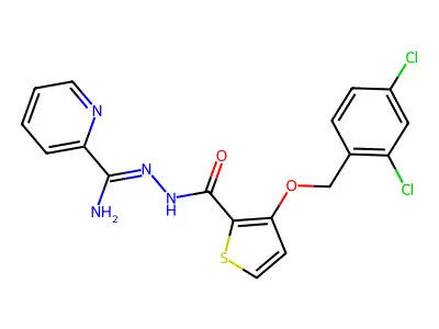 3-[(2,4-dichlorobenzyl)oxy]-N'-[imino(2-pyridinyl)methyl]-2-thiophenecarbohydrazide structure