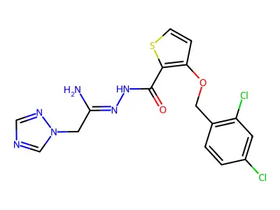 3-[(2,4-dichlorobenzyl)oxy]-N'-[2-(1H-1,2,4-triazol-1-yl)ethanimidoyl]-2-thiophenecarbohydrazide structure