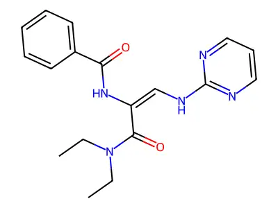N-[3-(diethylamino)-3-oxo-1-(pyrimidin-2-ylamino)prop-1-en-2-yl]benzamide structure