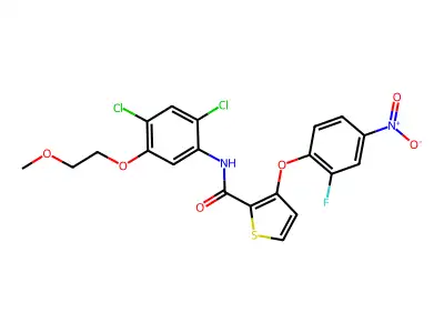 N-[2,4-dichloro-5-(2-methoxyethoxy)phenyl]-3-(2-fluoro-4-nitrophenoxy)thiophene-2-carboxamide structure