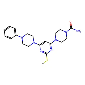 4-(2-(Methylsulfanyl)-6-(4-phenylpiperazino)-4-pyrimidinyl)tetrahydro-1(2H)-pyrazinecarboxamide structure