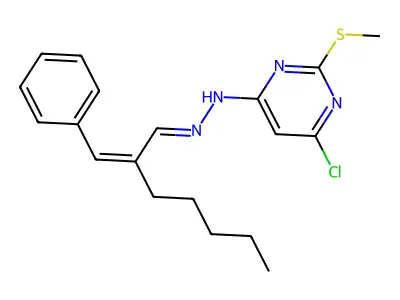 N-(2-benzylideneheptylideneamino)-6-chloro-2-methylsulfanylpyrimidin-4-amine structure