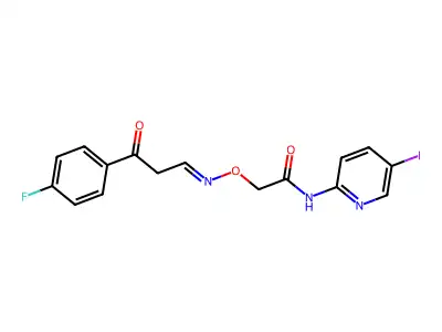 2-({[3-(4-fluorophenyl)-3-oxopropylidene]amino}oxy)-N-(5-iodo-2-pyridinyl)acetamide structure
