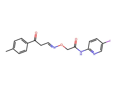 N-(5-iodo-2-pyridinyl)-2-({[3-(4-methylphenyl)-3-oxopropylidene]amino}oxy)acetamide structure