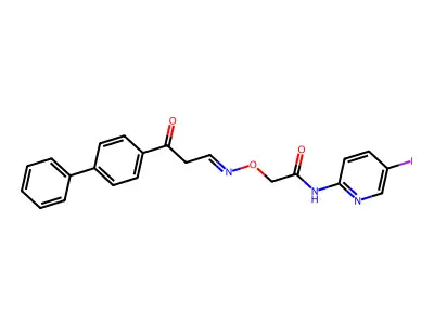 N-(5-iodopyridin-2-yl)-2-[[3-oxo-3-(4-phenylphenyl)propylidene]amino]oxyacetamide structure