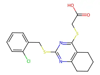 2-({2-[(2-chlorobenzyl)sulfanyl]-5,6,7,8-tetrahydro-4-quinazolinyl}sulfanyl)acetic acid structure