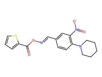 [(3-Nitro-4-piperidin-1-ylphenyl)methylideneamino] thiophene-2-carboxylate structure