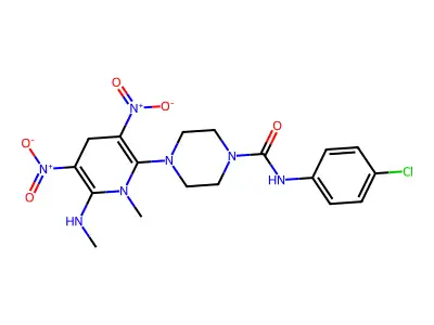 N-(4-chlorophenyl)-4-[1-methyl-6-(methylamino)-3,5-dinitro-1,4-dihydro-2-pyridinyl]tetrahydro-1(2H)-pyrazinecarboxamide structure