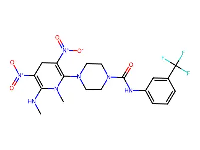 4-[1-methyl-6-(methylamino)-3,5-dinitro-1,4-dihydro-2-pyridinyl]-N-[3-(trifluoromethyl)phenyl]tetrahydro-1(2H)-pyrazinecarboxamide structure