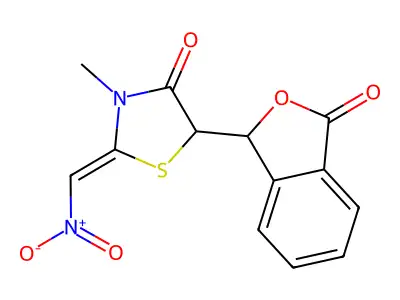 3-methyl-2-(nitromethylene)-5-(3-oxo-1,3-dihydro-2-benzofuran-1-yl)-1,3-thiazolan-4-one structure