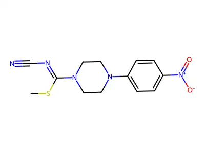 methyl N-cyano-4-(4-nitrophenyl)tetrahydro-1(2H)-pyrazinecarbimidothioate structure