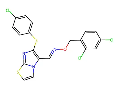 1-[6-(4-chlorophenyl)sulfanylimidazo[2,1-b][1,3]thiazol-5-yl]-N-[(2,4-dichlorophenyl)methoxy]methanimine structure