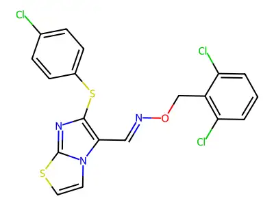 1-[6-(4-chlorophenyl)sulfanylimidazo[2,1-b][1,3]thiazol-5-yl]-N-[(2,6-dichlorophenyl)methoxy]methanimine structure