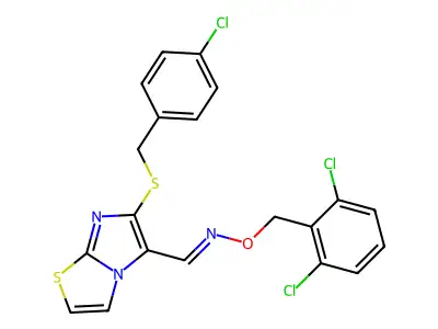 1-[6-[(4-chlorophenyl)methylsulfanyl]imidazo[2,1-b][1,3]thiazol-5-yl]-N-[(2,6-dichlorophenyl)methoxy]methanimine structure