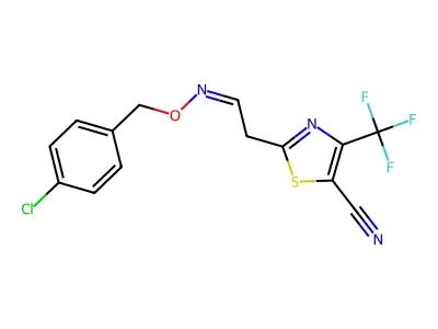 2-[2-[(4-chlorophenyl)methoxyimino]ethyl]-4-(trifluoromethyl)-1,3-thiazole-5-carbonitrile structure