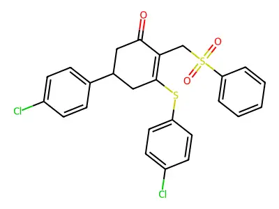 2-[(benzenesulfonyl)methyl]-5-(4-chlorophenyl)-3-[(4-chlorophenyl)sulfanyl]cyclohex-2-en-1-one structure